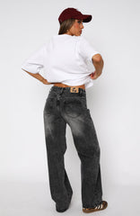 Bring The Style Low Rise Wide Leg Jeans Grey Acid Wash