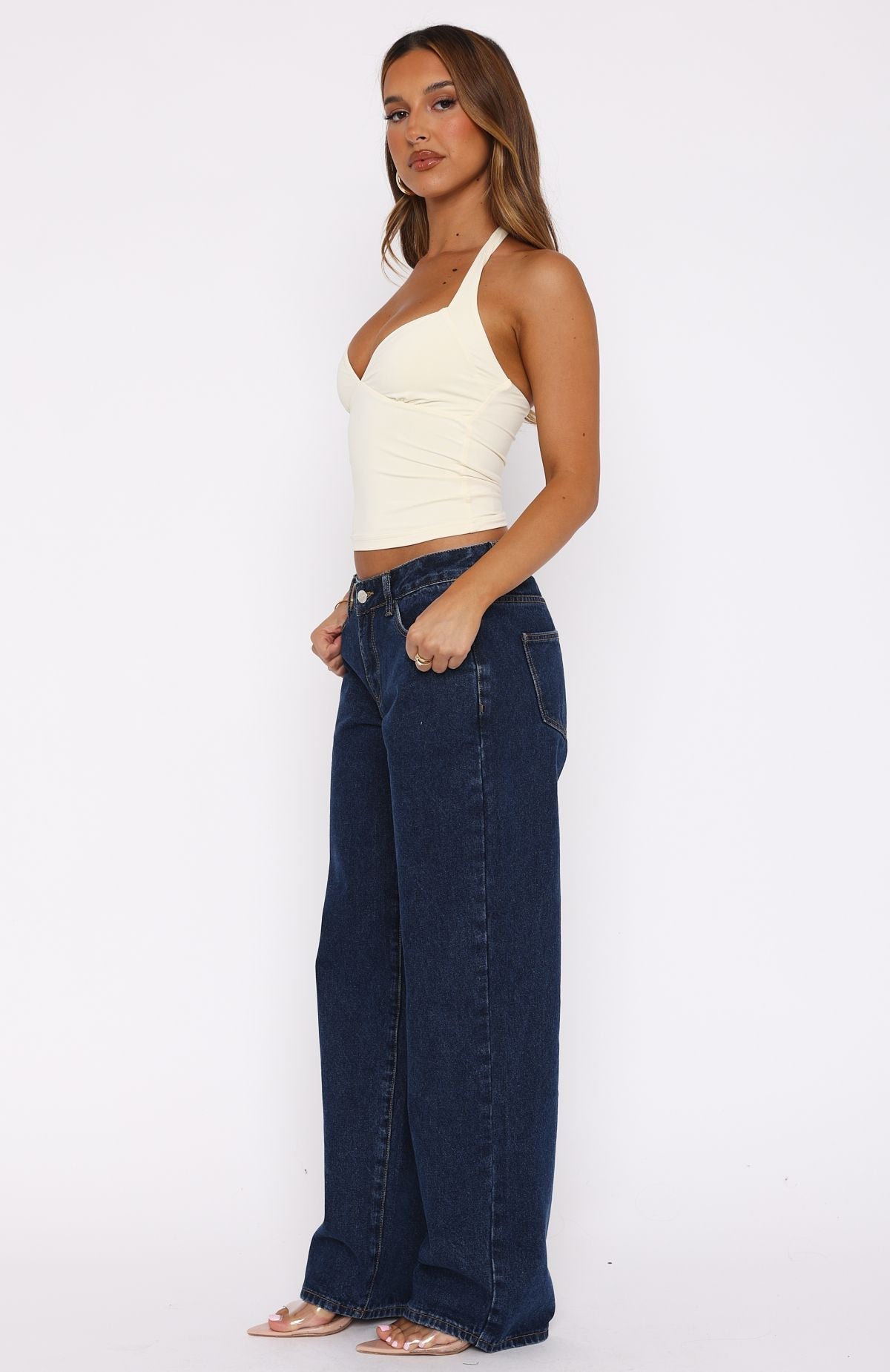 Bring The Style Low Rise Wide Leg Jeans Dark Blue Wash