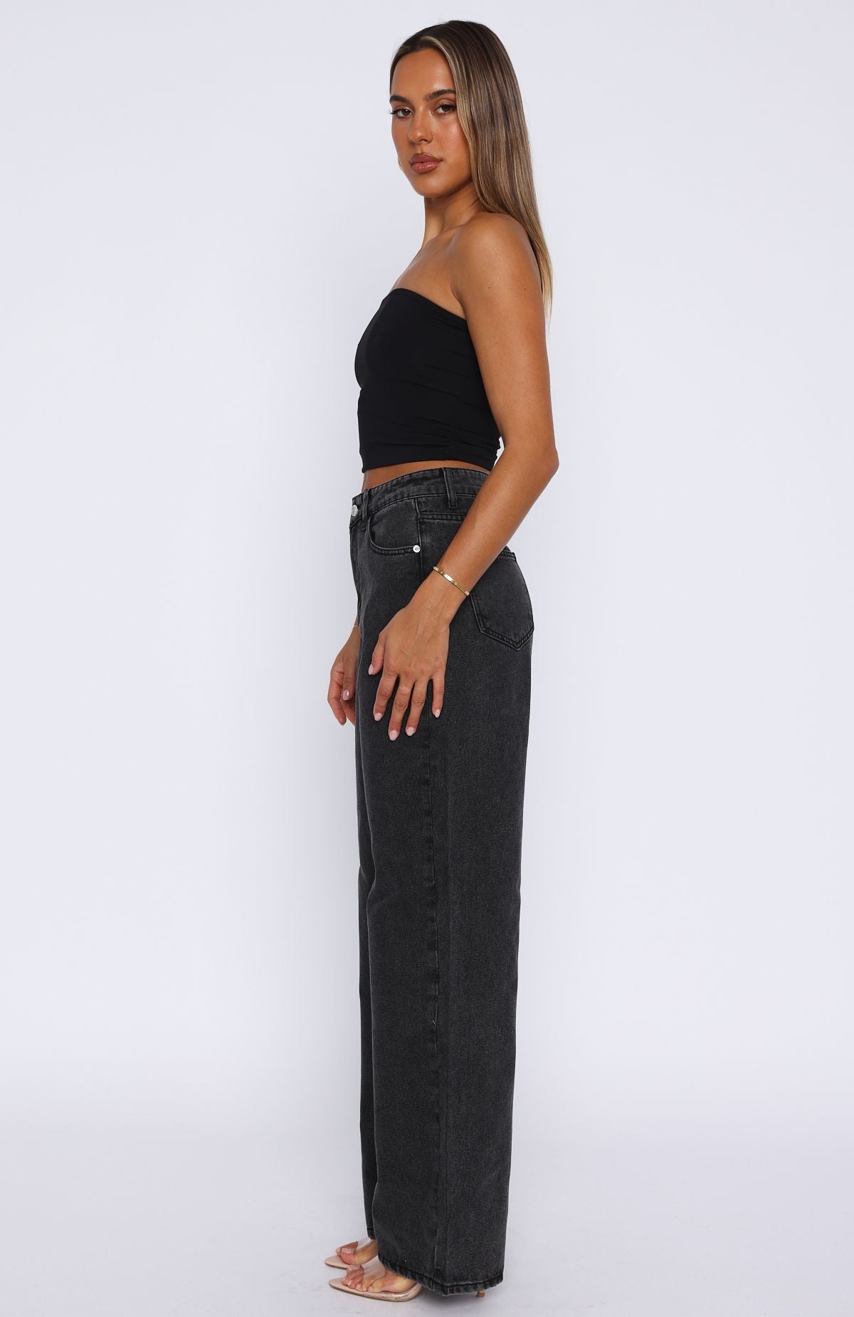Bring The Style High Rise Wide Leg Jeans Black Acid Wash